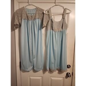 Vtg Pinehurst Lingerie Chiffon Babydoll Peignoir Set Robe Nightgown Size Blue